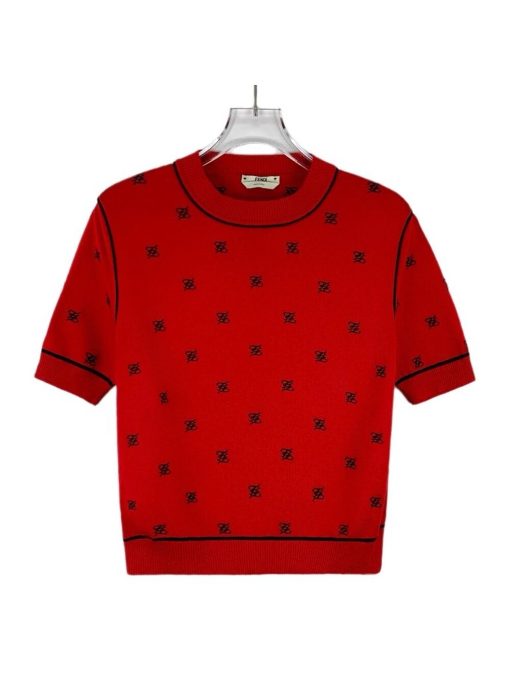 Fendi Red All-Over Print Crew Neck Short-Sleeve Knit Top (2022 Collection)